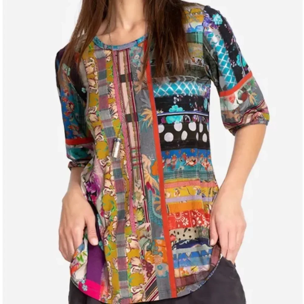 NWT Johnny Was Sonnet Patchwork Puff Sleeve Lightweight 3/4 sleeve Shirt XXS